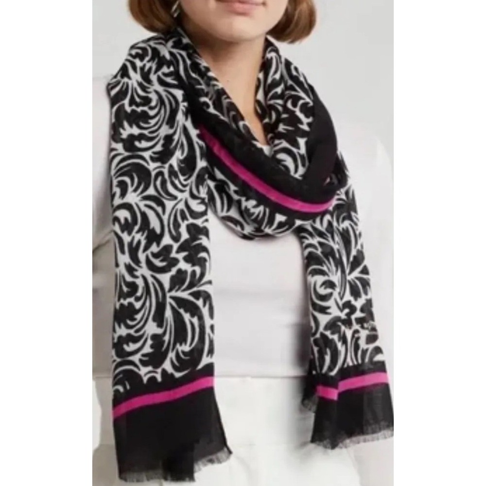 Kate Spade New York Flourish Swirl Oblong Scarf Bandana Black White Pink NWT $98
